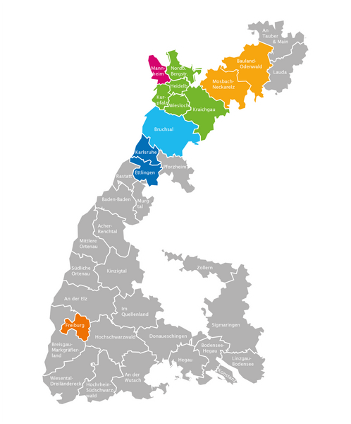 Landkarte des Bistums mit farblich markierten BDKJ-Regionalverbänden und grauen Umrissen der übrigen Regionen